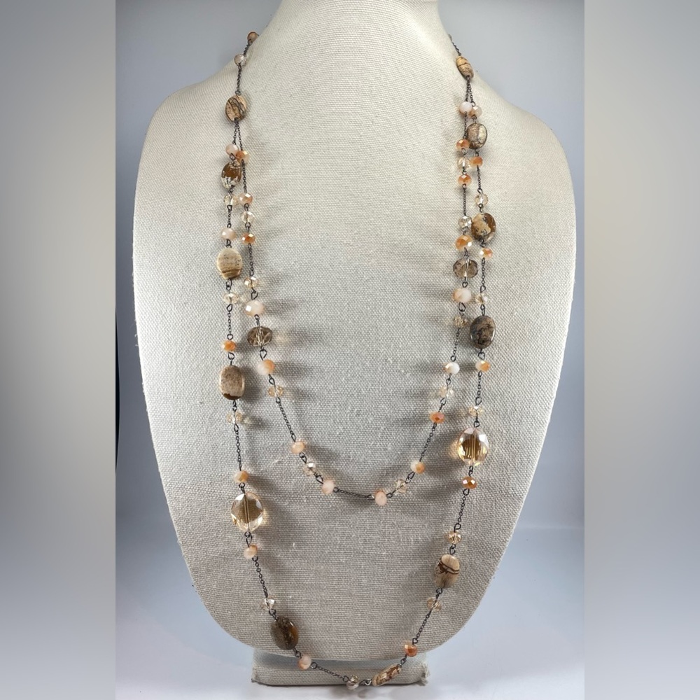 Jasper Champaign Faceted Glass Beaded Gunmetal Chain Multi Layer Necklace